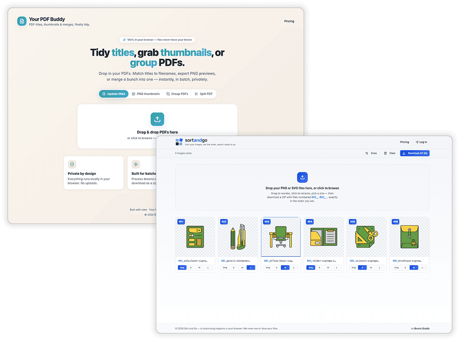 PDF Buddy’s title editor alongside SortAndGo’s visual image ordering interface.