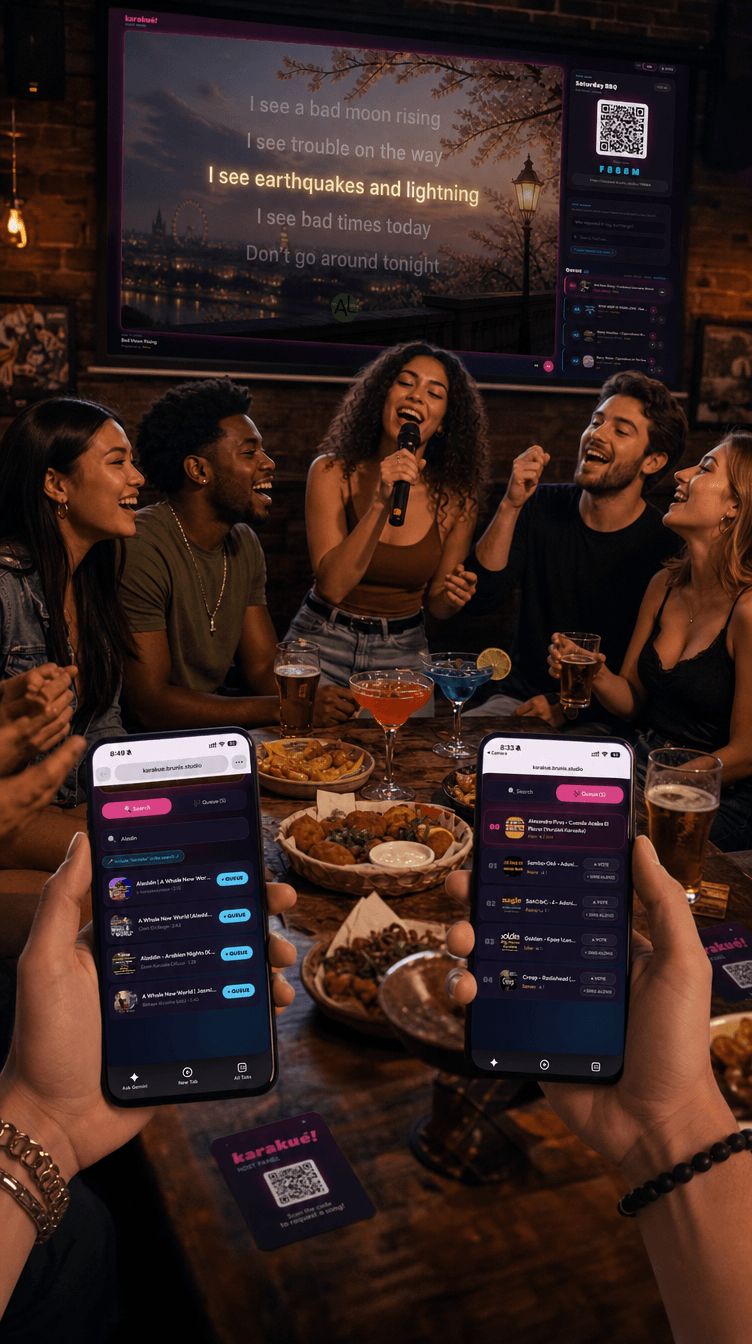 Two singers using Karakuê in a pub while guests request songs from their phones