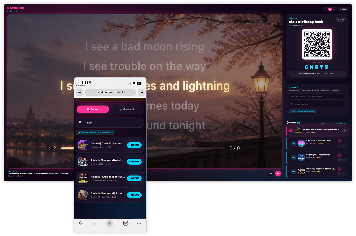 Karakuê’s mobile song request interface alongside the host’s queue management panel.
