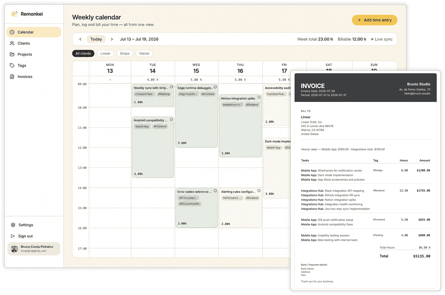 Weekly calendar with billable tasks and a generated invoice.