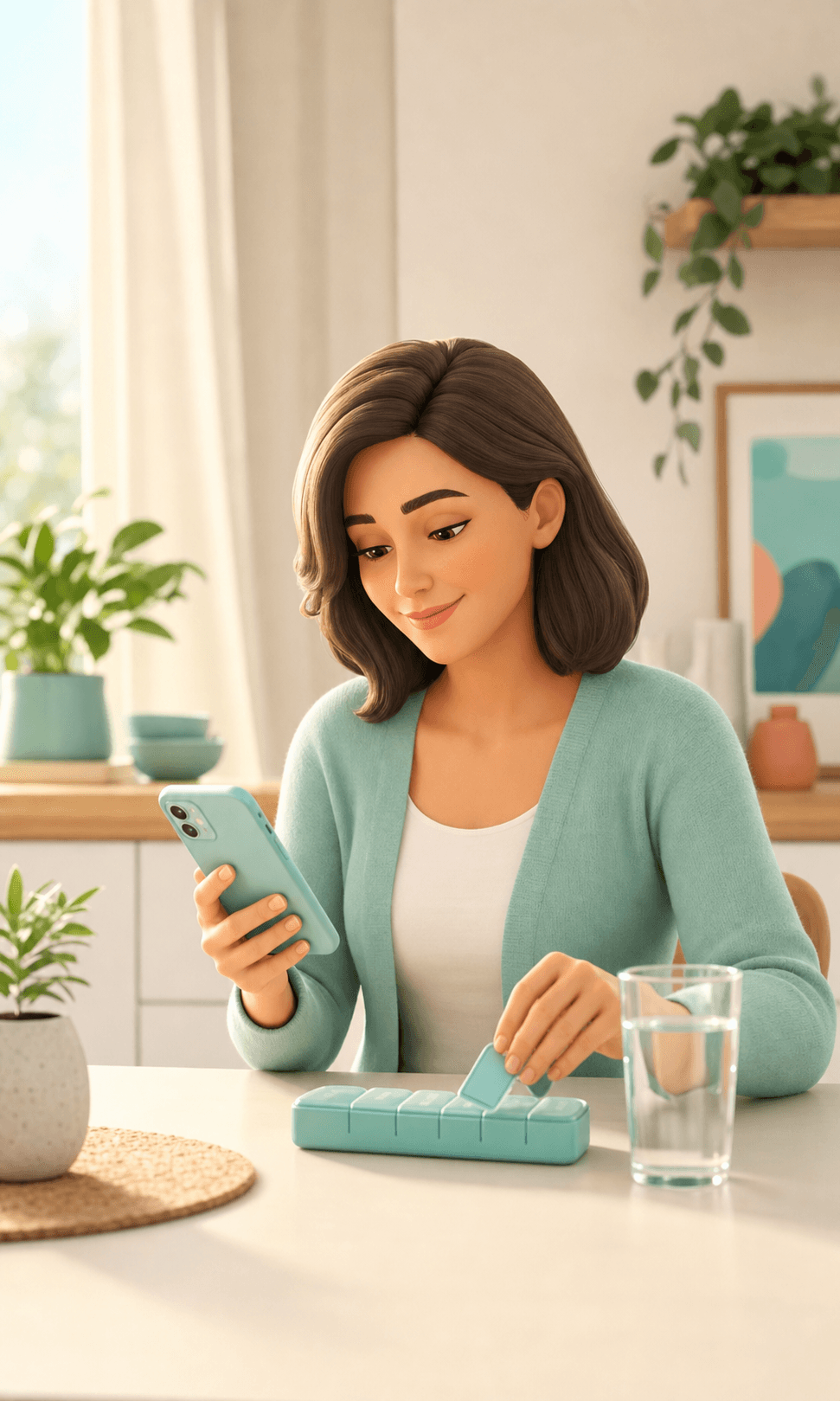 a clear, organized medication routine supported by a smartphone reminder and pill organizer