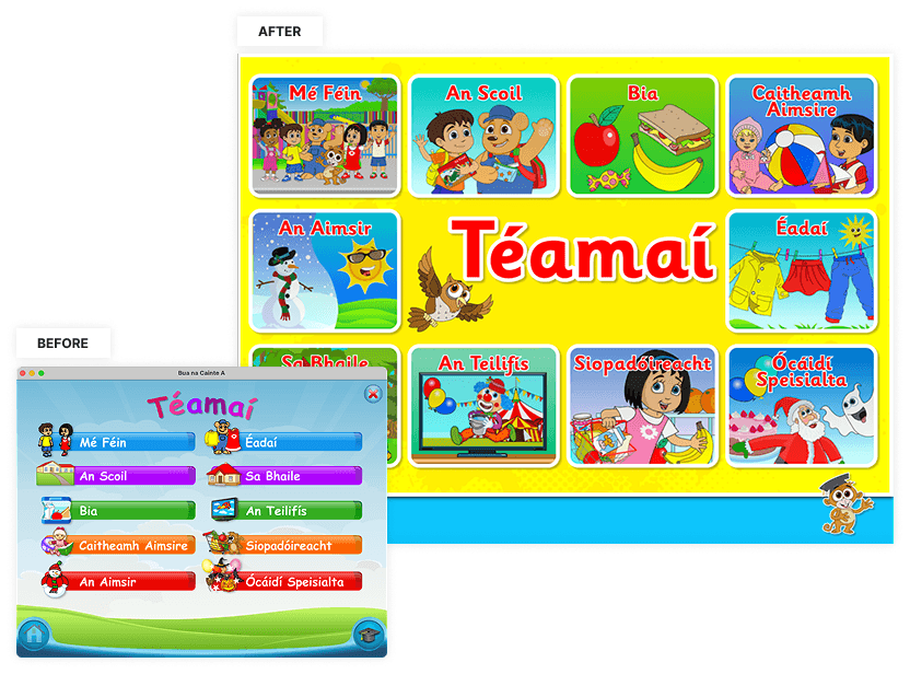 Bua na Cainte’s redesigned theme menu alongside the previous version, showing the shift from text-led navigation to illustrated theme cards.