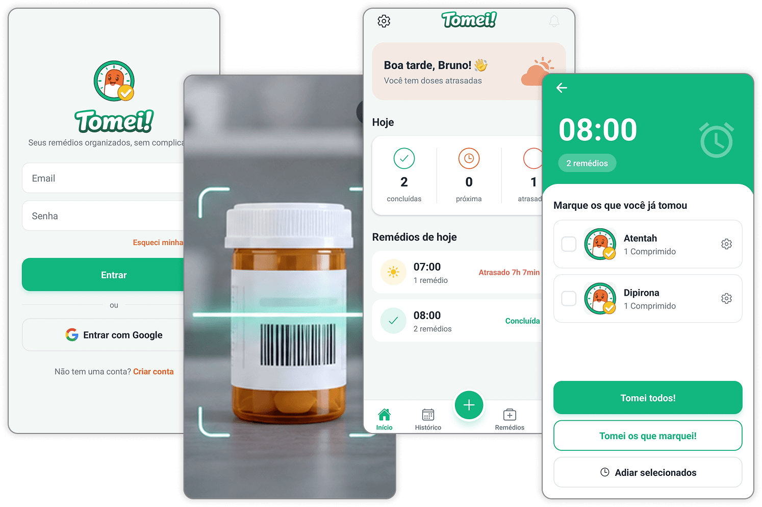 Tomei’s daily medication view showing scheduled doses, times, and completion status.